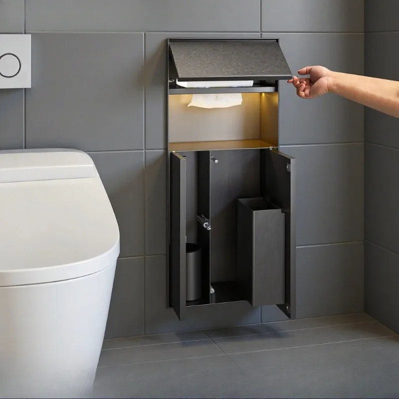 Stainless steel bathroom hidden veneer trash can embedded in tissue box concealed toilet niche