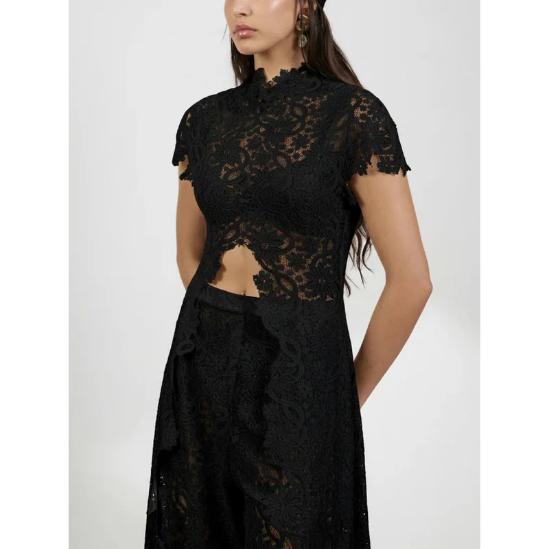 QICHE Women Euro‑American Solid Lace Dress Crew‑Neck Hollow‑Out Kimono‑Sleeve Front‑Opening Elegant Casual Midi Outfit