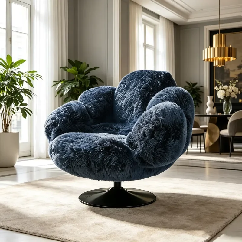 Dark Blue Furry Flower Decorative Chair Single Casual Sofa with Fixed Black Metal Base for Living Room
