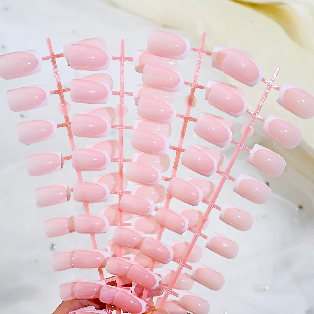 120Pcs=24*5 French Short Square Coffin Fałszywe paznokcie White Pink Simple Wearable Fake Nails Glossy Full Cover Press on Nail Tips Art — zdjęcie 4
