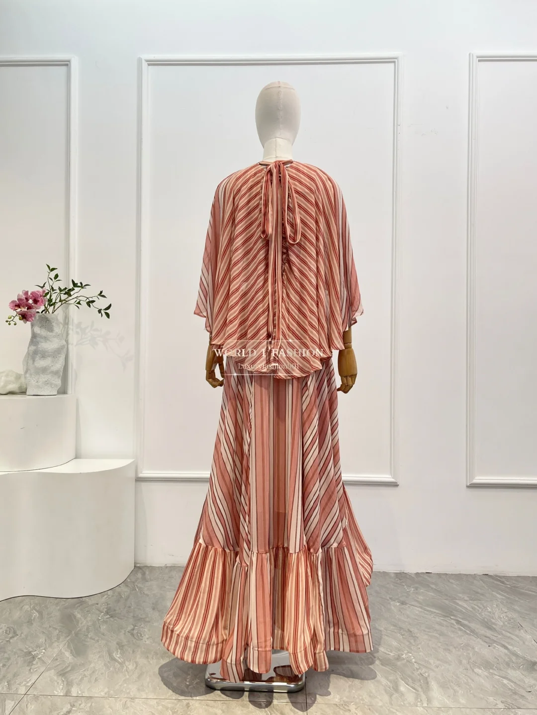 2026 New High Quality Elegant Red Striped Print Lace-up Ruffles Spring Summer Women Beach Style Cut Out Maxi Dress