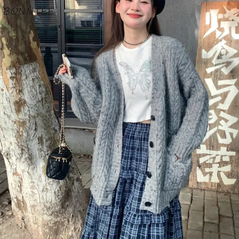 

Lazy Style Cardigan Women Korean Fashion Loose Fit Gentle Casual All-match Daily Autumn Winter Outwear Knitted Soft Prevalent