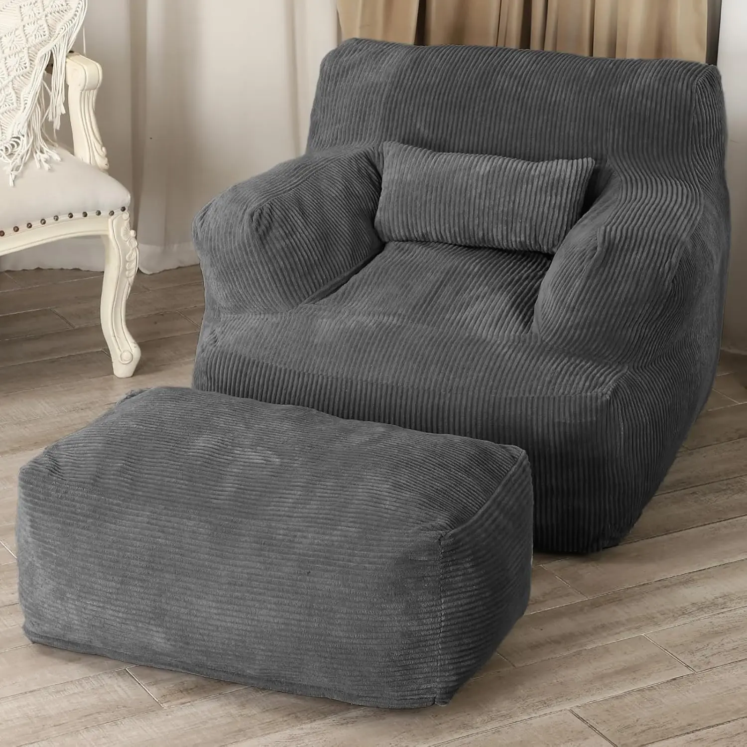 Giant Bean Bag Chair for Adults, Bean Bag Sofa Chair with Ottoman, Comfy Reading Chair for Dorm Room, Living Room, Bedroom, Dark