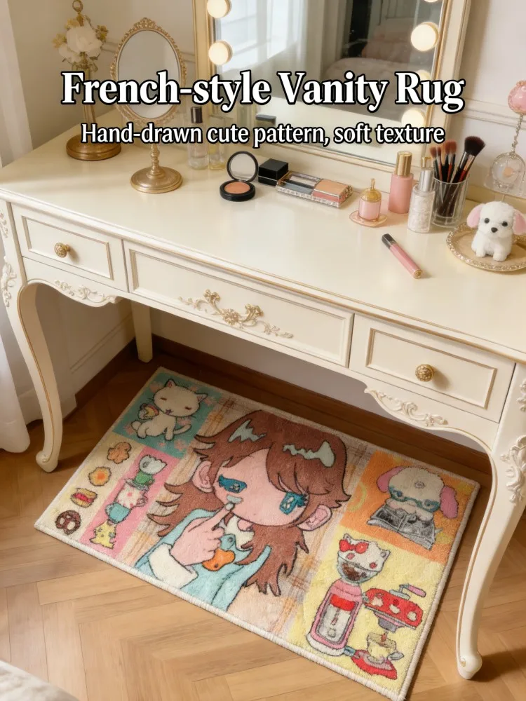 Cute Cartoon Girl Area Rug, Kawaii Anime Floor Mat, Non-Slip Washable Doormat for Bedroom Vanity