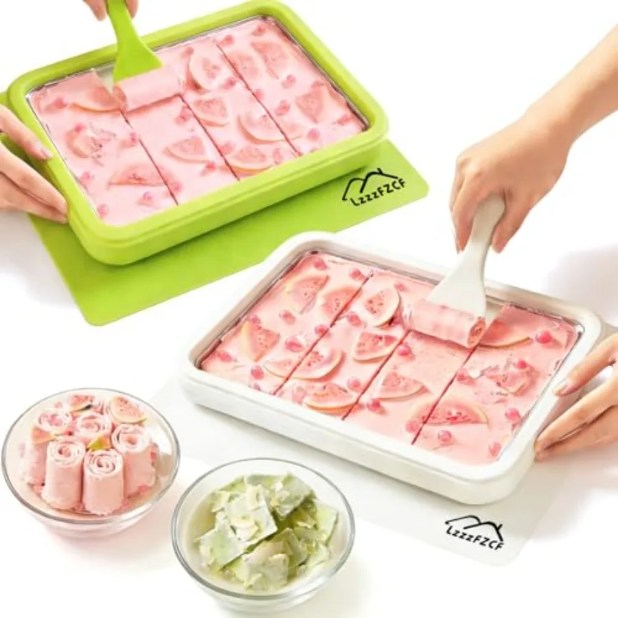 Paquete de 2 Máquinas para Hacer Helado Enrollado DIY, Set de Placa Fría Instantánea de Acero Inoxidable 304 con 4 Espátulas y 2 Tapas, Molde Grande para Yogur Congelado