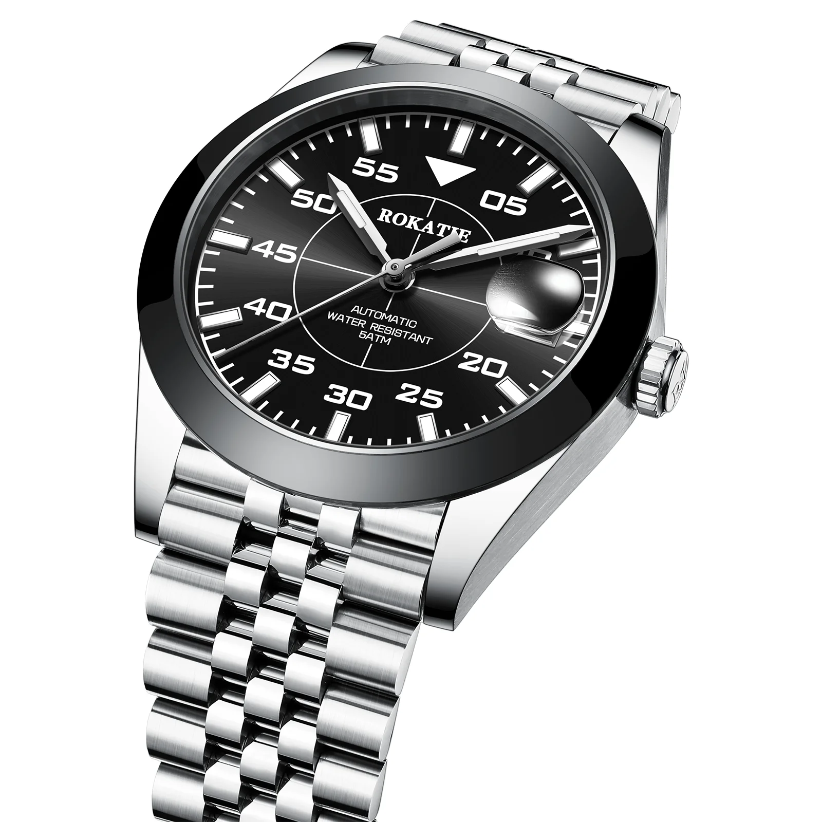ROKATIE Jam Tangan Mekanis Jam Tangan Otomatis Pergerakan 316L NH35 Baja Tahan Karat Tepi Keramik Jam Tangan Mewah Tali Baja Kaca Safir