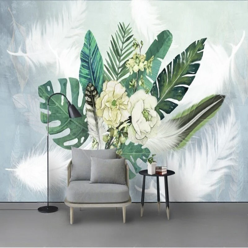 Custom Nordic Style Leaf and Feather Pattern Wall Mural, Personalized Nature-Themed Wallpaper for Living Room Bedroom Background