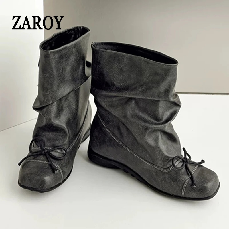 ZAROY Designer Women Ankle Boots Autumn Winter Vintage Punk Buckle Flat Motorcycle Boots Butterfly Knot Modern Chelsea Booties image 2