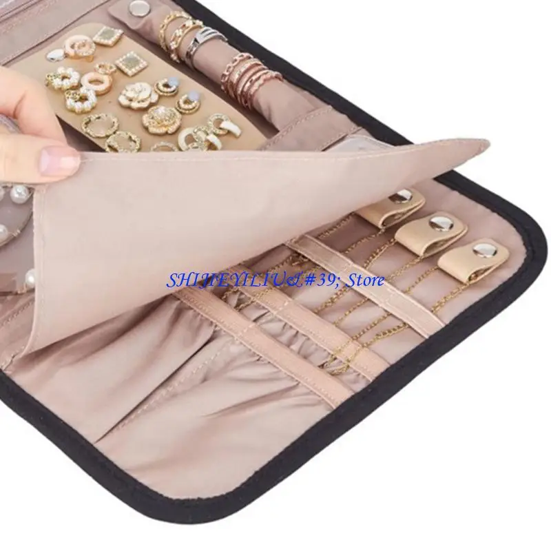 E21F Portable Polyester Jewelry Storage Roll Perfect for Travel Compartments Compact Accessory Organizers Earrings Necklaces
