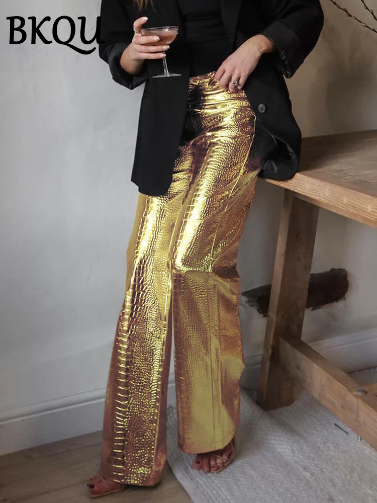 BKQU 2024 Leather Straight Long Baggy Pants Women Gold Sliver Shinny Streetwear Party Nightclub High Waist Scale Wide Leg Pants