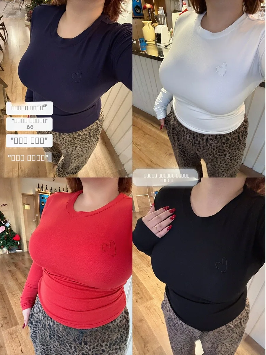 

Женский топ с круглым вырезом и флисовой подкладкой, больших размеров, осенне-зимний, утягивающий, с вышивкой в виде сердечек, для ношения под одеждой
