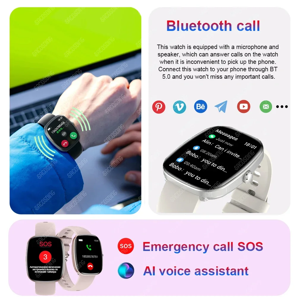 SACOSDING For Huawei Xiaomi Smart Watch Women Men Heart Rate Blood pressure Health Smartwatch Bluetooth Call Outdoor Sport Watch