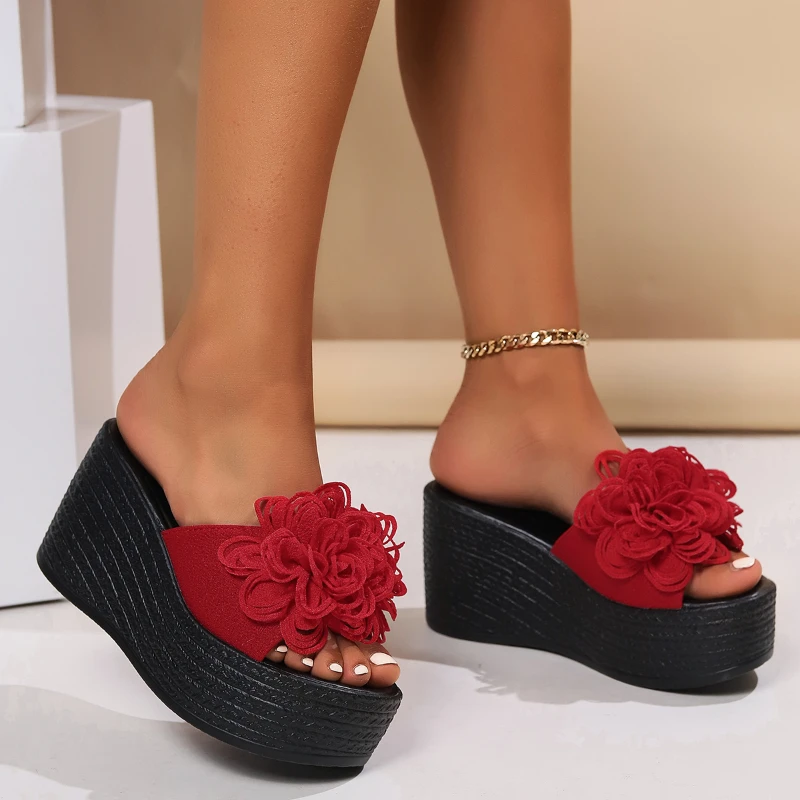 2024 Wedges Sandals Women Slippers Summer Beach Platform Shoes Flower Slippers Women High Heel Slippers Women  Platform Sandals