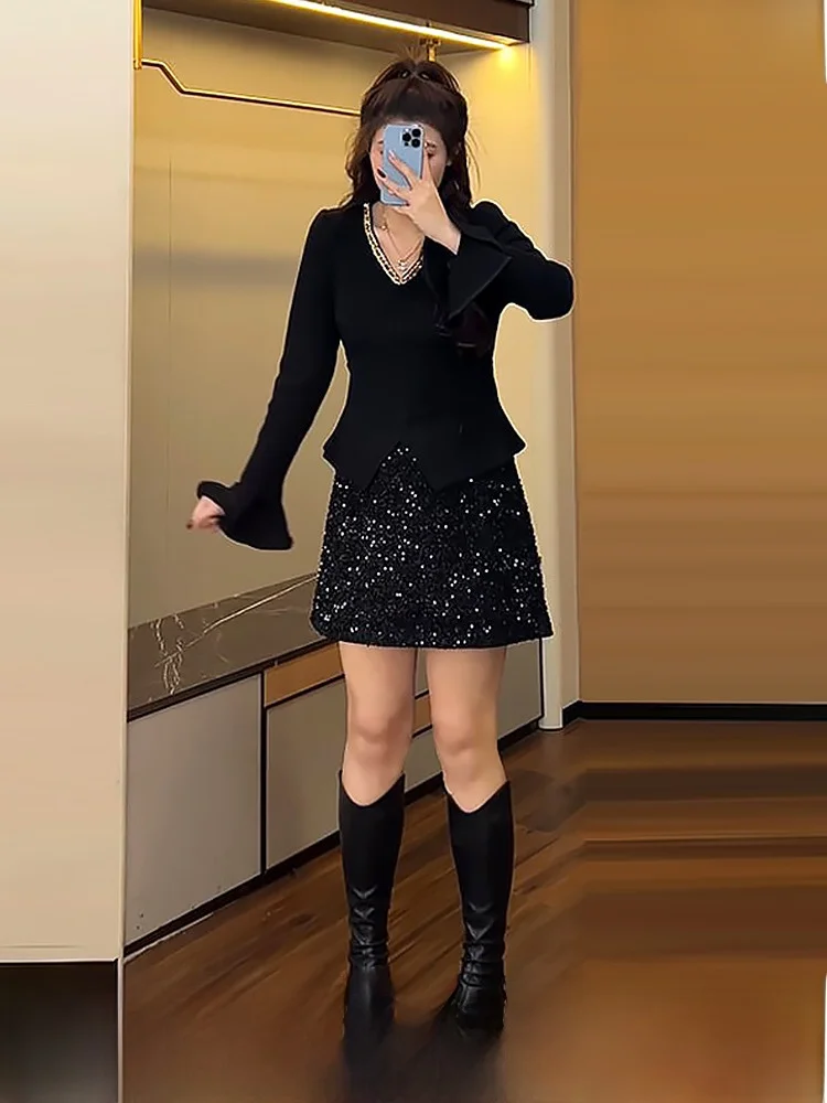 

Зимний комплект больших размеров V-Ne, трикотажная основа irt, утягивающая юбка, юбка трапециевидной формы с высокой талией, корейская юбка для поездок на работу