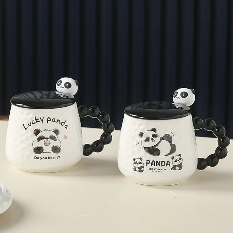 Cute Relief Panda Ceramic Cup High Appearance Level Cartoon Mug with Hand Gift Household Coffee Breakfast Milk Tumbler Cups