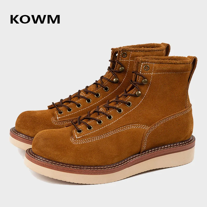 KOWM Hiking shoes men's cowhide boots British trekking shoes thick soled ankle sneakers cowhide high top motorcycle travel boots