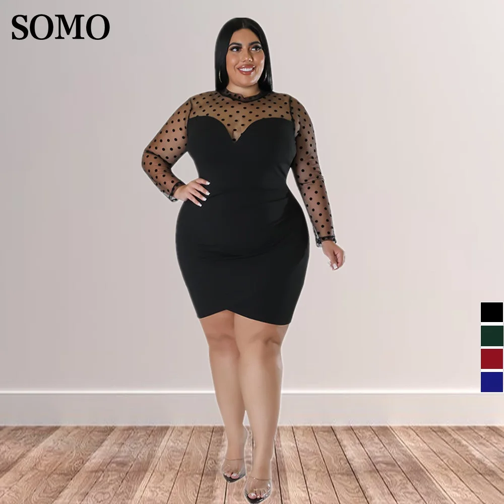 

SOMO 2022 Sexy See Through Mesh Patchwork Women Plus Size Mini Dress Fashion Polka Dot Printed Clubwear Wholesale Dropshipping