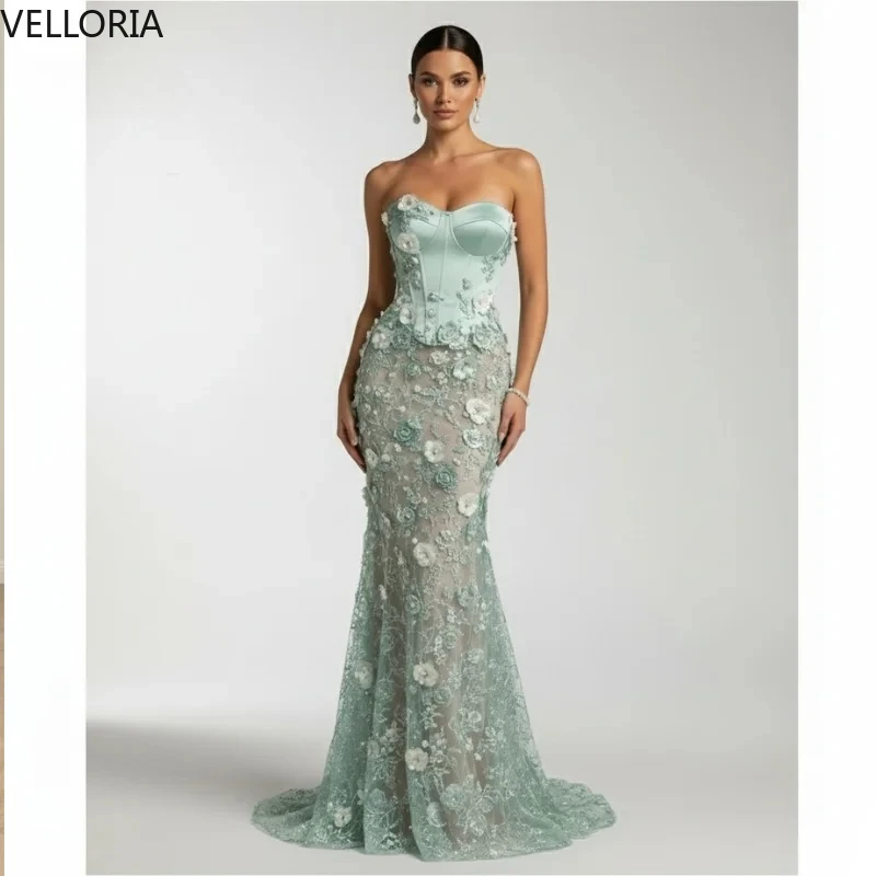 

Green Mermaid Evening Dress 3D Floral Lace Strapless Ball Gown 2025 Party Dress Vestdos De Fiesta Customized