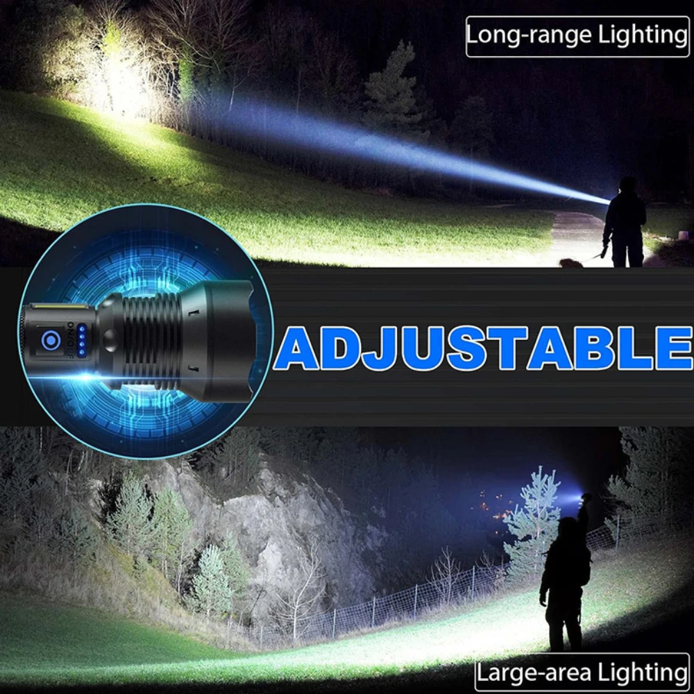 Imagem -05 - Lanterna Led Zoomable Super Brilhante com Luz Lateral Cob Holofote ao ar Livre P70.2 10000mah Modos