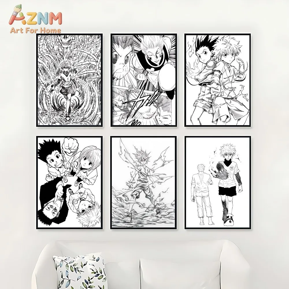 AZNM Hunter X Hunter Black White Manga Canvas Print Unframed Gon Killua Hisoka Anime Line Art Poster Boys Room Wall Decor Painti - view 5