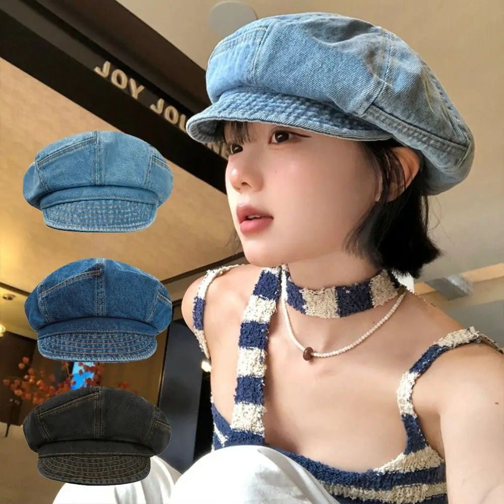 

Casual Vintage Washed Denim Beret Cloud Visor Octagonal Cap Artist Newsboy Peaked Hat Streetwear