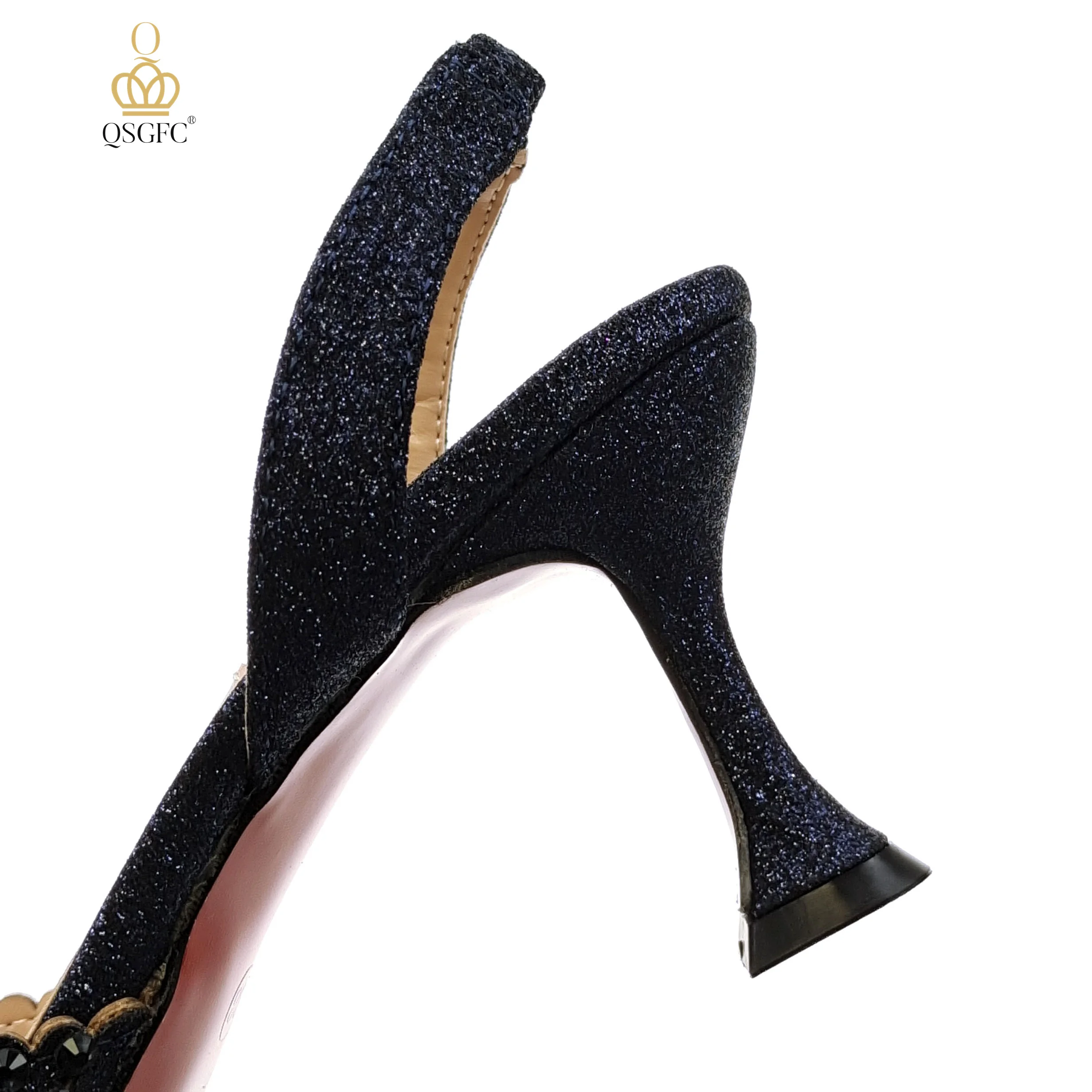 QSGFC New Elegant Lady Pointed-Toe Party Shoes Hollow Embroidery Rhinestone Design Mid-heel Dark Blue Color Shoes Bag Set