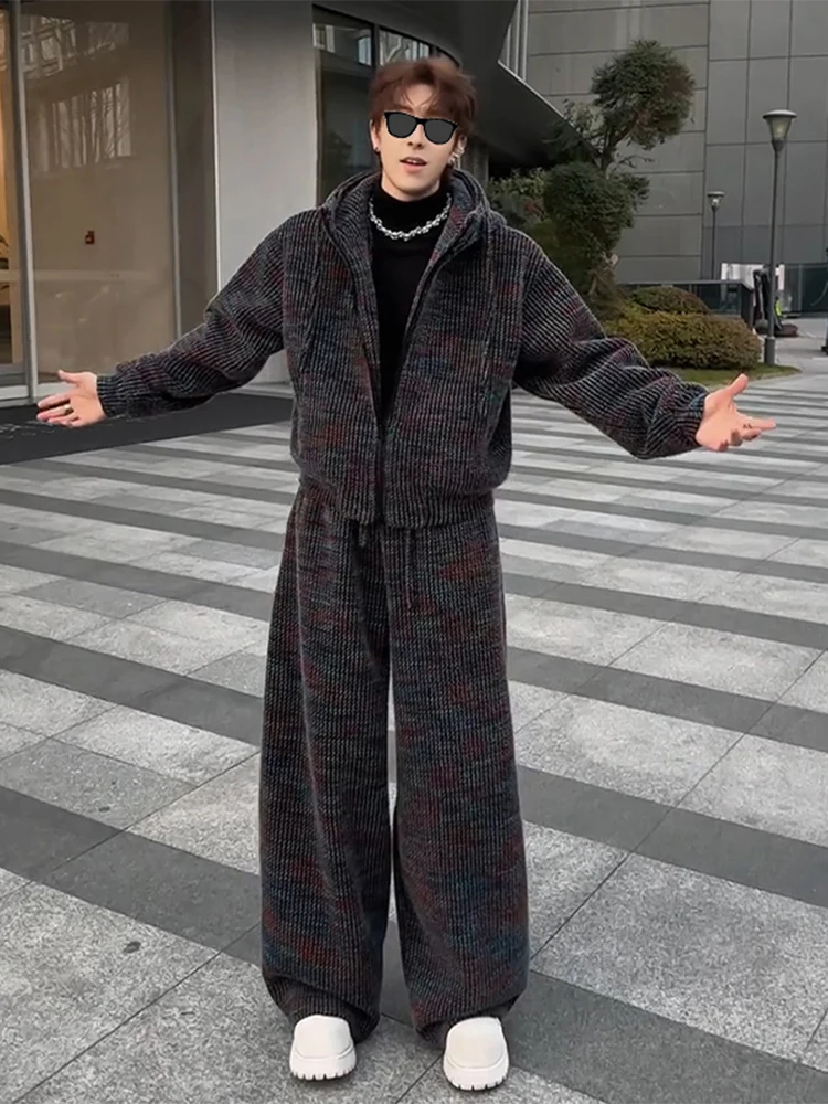 

Мужская зимняя повседневная вязаная толстовка с капюшоном на подкладке, комплект из джата и брюк, теплые удобные длинные брюки све для подростков