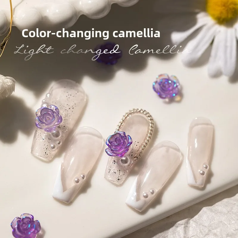 LYLE 30pcs Camellia Nail Charms Pearlescent White Rose Ice Transparent Color-Changing Flower Nail Art Decorations