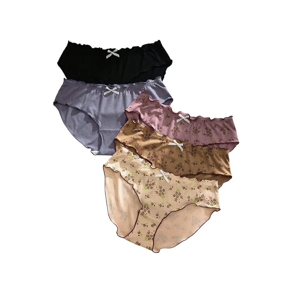 

Женские трусики-слипы с бантиком, 5 штук в упаковке, со средней посадкой, дышащие, мягкие, с рюшами и оборками