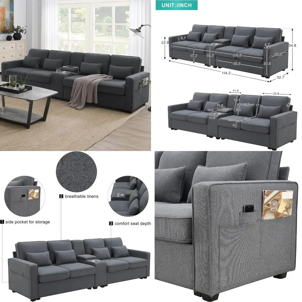 

modern 4-seat linen-upholstered sectional sofa with built-in console, cup holders, usb ports, and wireless charging