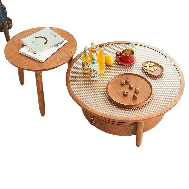 

Solid wood round log cream wind small apartment tea table