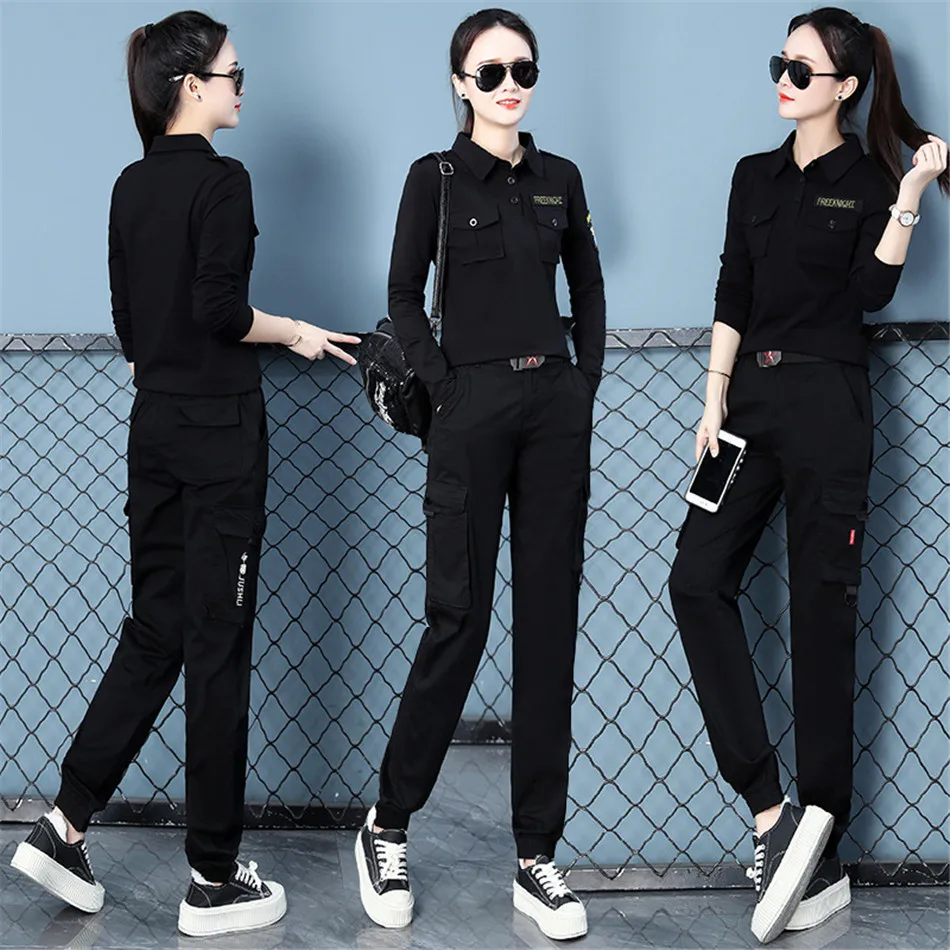 Women Military Long Sleeved T-shirt and Pants Set Multi Pocket Tactical Hiking Shirt Pants Casual Slim Fit Cargo Shirt Trousers