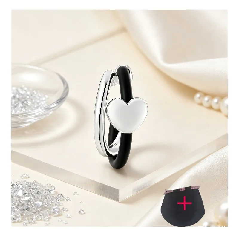Women Cute Heart Open Adjustable Ring Silver Plated With Black Rubber Cushion Dainty Stackable Daily Wear Finger Accessories