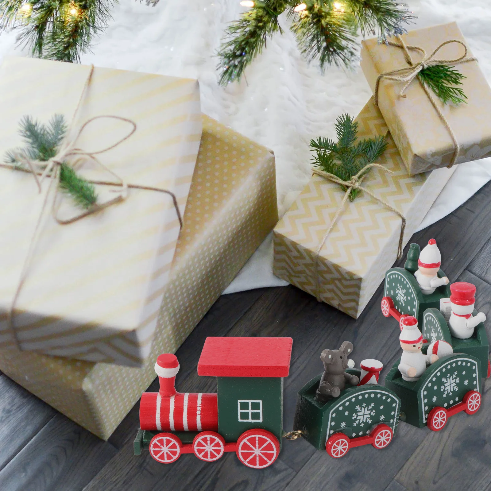 

Green Wooden Christmas Train with Snowman Design Small Xmas Decor for Kids Bright Exquisite Holiday Seasonal Decoration