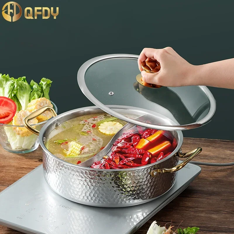 Double-flavor hot pot Three layer steel hammer pattern hot pot high-grade double ear hot pot household hot pot