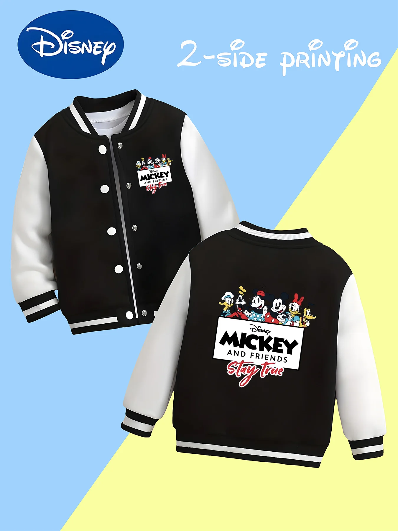 

MINISO Disney Boys' Baseball Jacket - Mickey and Friends Collection, Double-sided Print, Perfect for Everyday School Wear