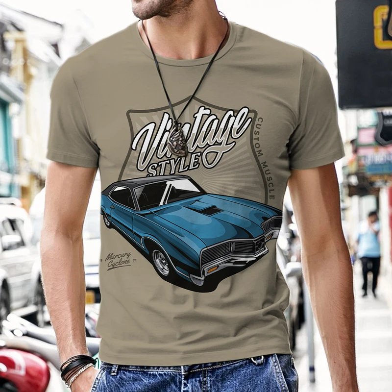 Summer3D printed men\'s T-shirt with retro car pattern hip-hop breathable casual fashion large top short sleeves