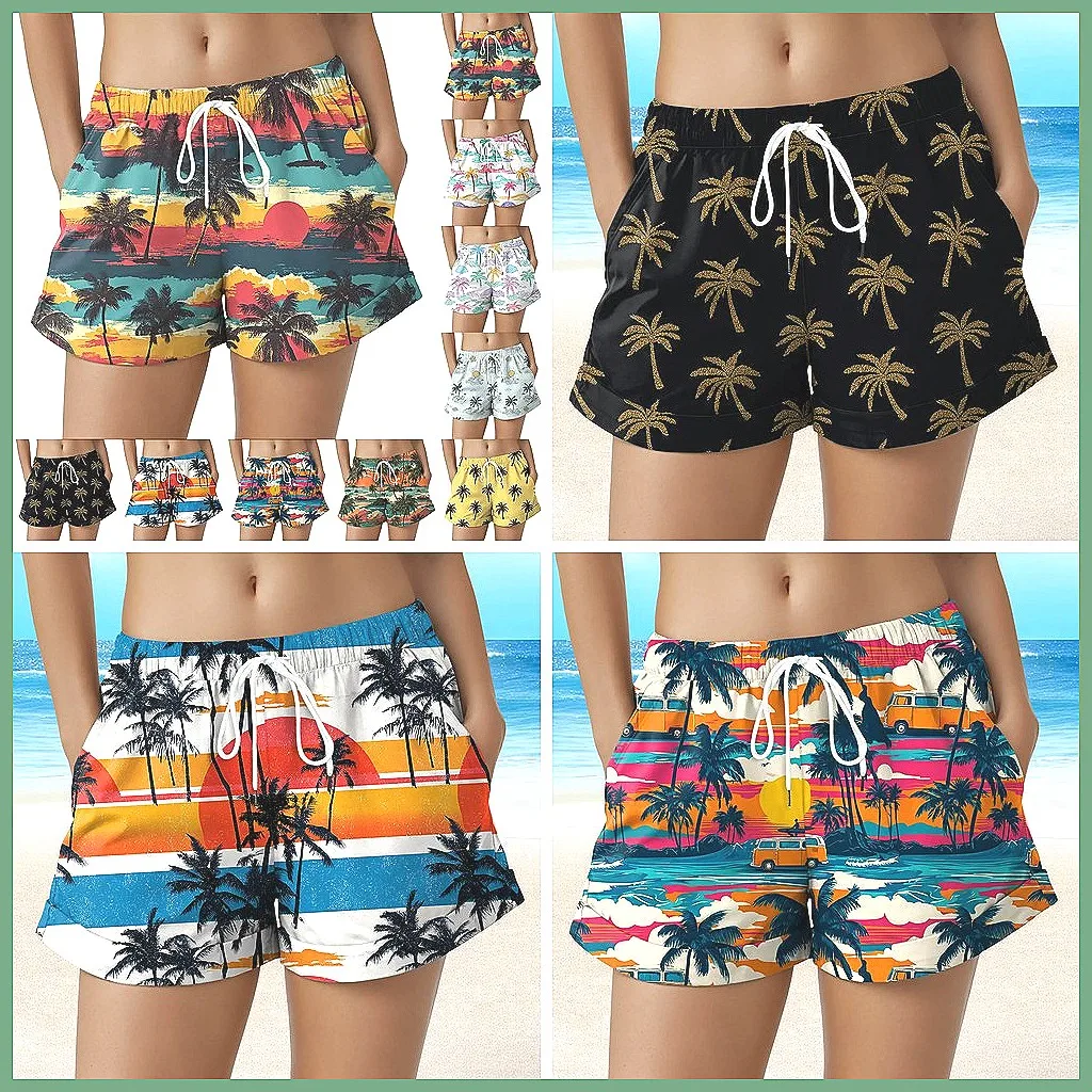 

Women's Summer Casual Shorts with Pockets, Elastic Waist, Loose Fit & Beach Print - Large Size