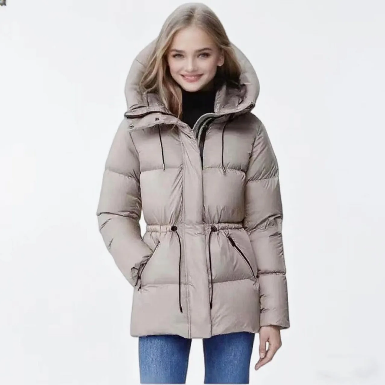 Winter Warm Hooded Coat Women's Mid-Length Waist Drawstring Jacket Windproof Thermal Outerwear