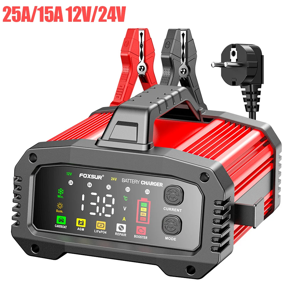 Cargador de Batería Portátil para Coche con Función Start-Stop 25A/15A 12V/24V, Reparación por Pulsos, para Baterías de Plomo Húmedas y Secas, Carga de Baterías de Camión