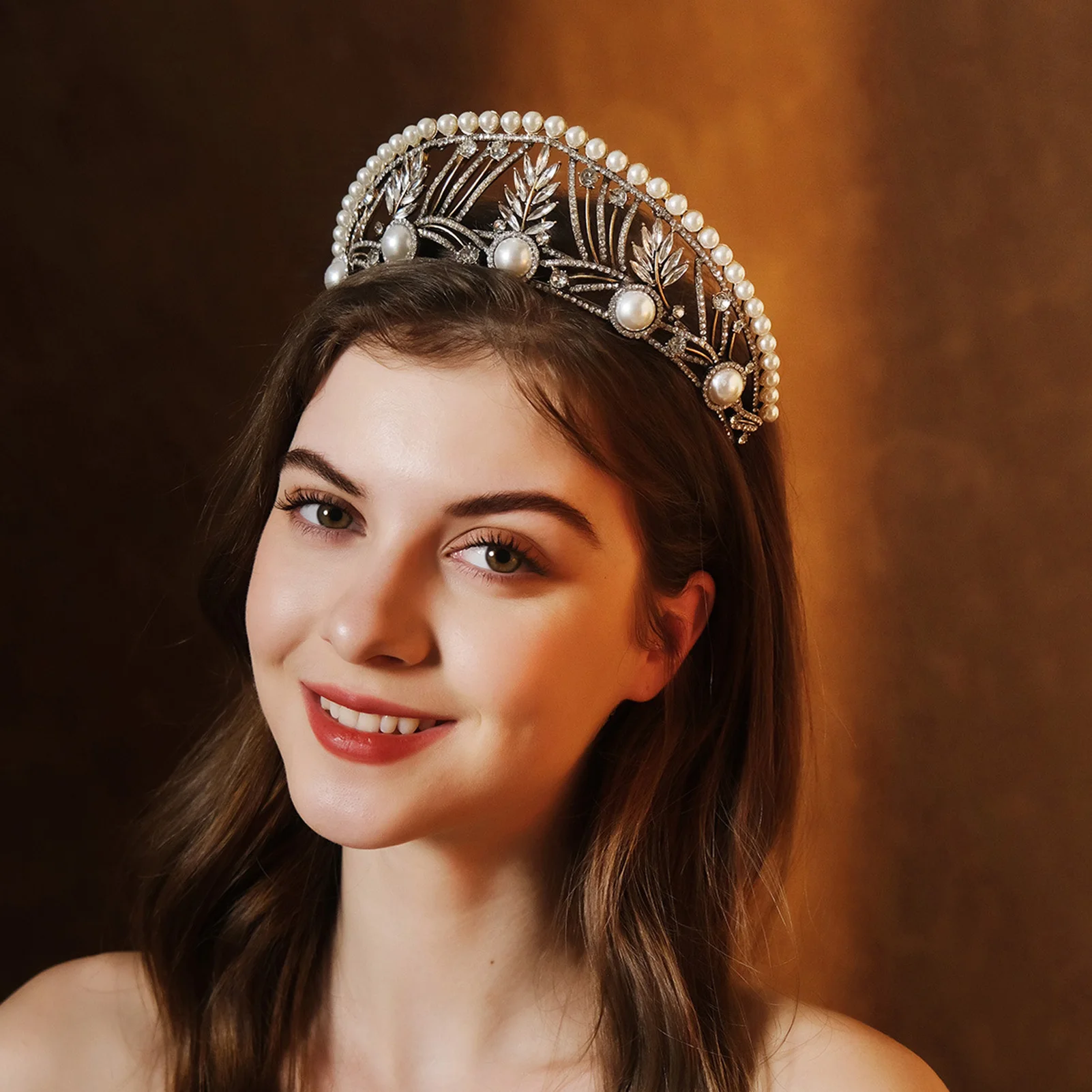 Mahkota Rambut Berlian Flash Penuh Geometris Tiara Mutiara Gaya Retro Barok Aksesori Rambut Ikat Kepala Mahkota Pengantin Putri Elegan