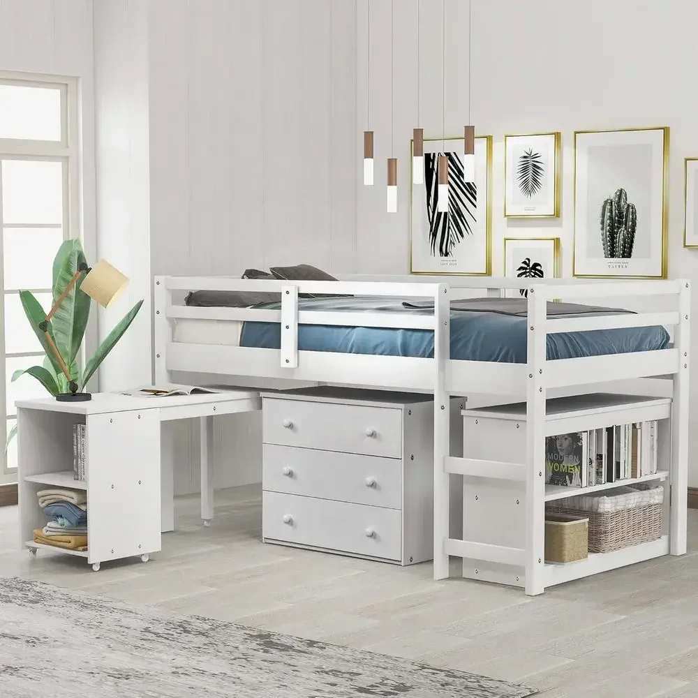 Study Twin Bed with Cabinet and Rolling Desk for Kids, Toddlers, and Adults - White