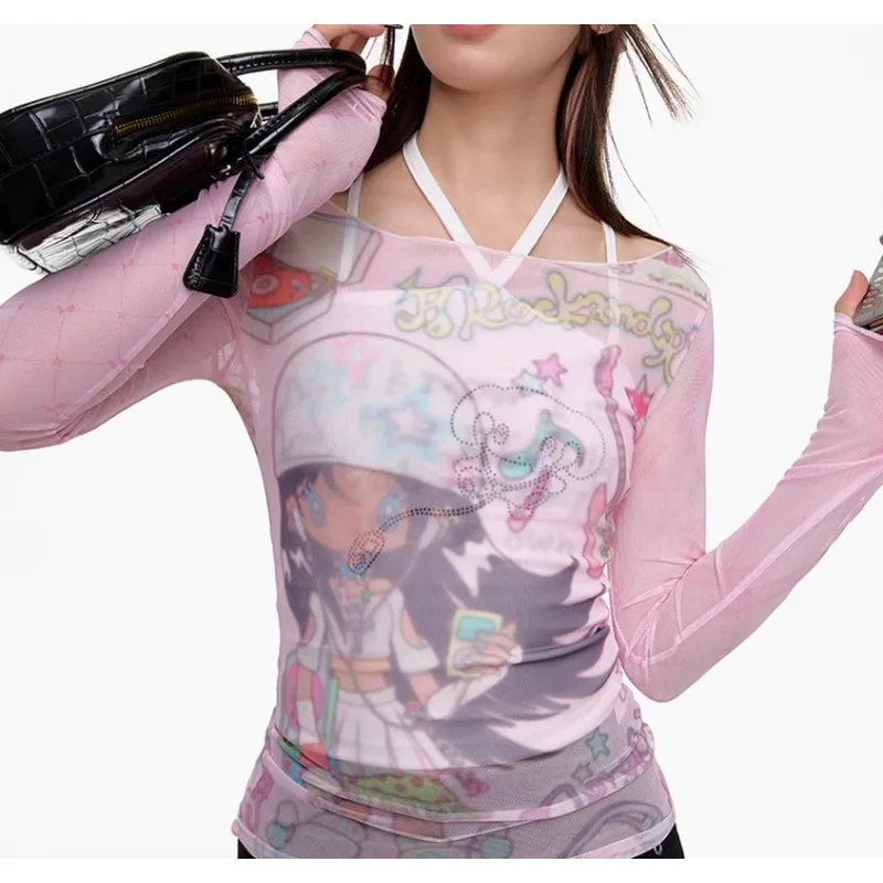 

Patchwork Mesh Millennium Long Sleeve Shirts Female Top Pink Y2k Summer 2024 Popular Harajuku Youthful Tees 2000s Blouses