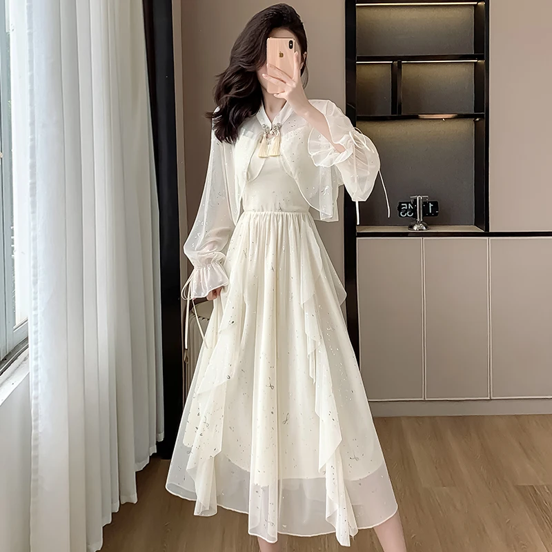 

Autumn French Elegant Light Luxury 2 Piece Set Women's Asymmetrical Ruffled Dress + Long-sleeve Cape Fashion Formal Occasion Set