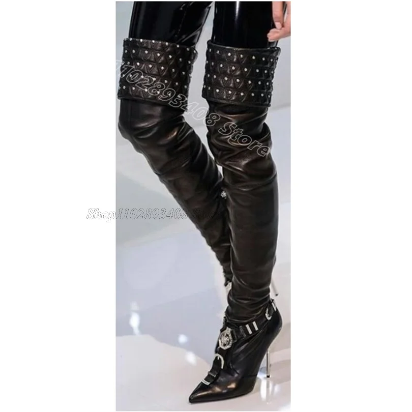 

Black Rivet Decor Matte Leather Boots Pointed Toe Solid Side Zipper British Style Women Fall Over Knee Boots Zapatos Para Mujere