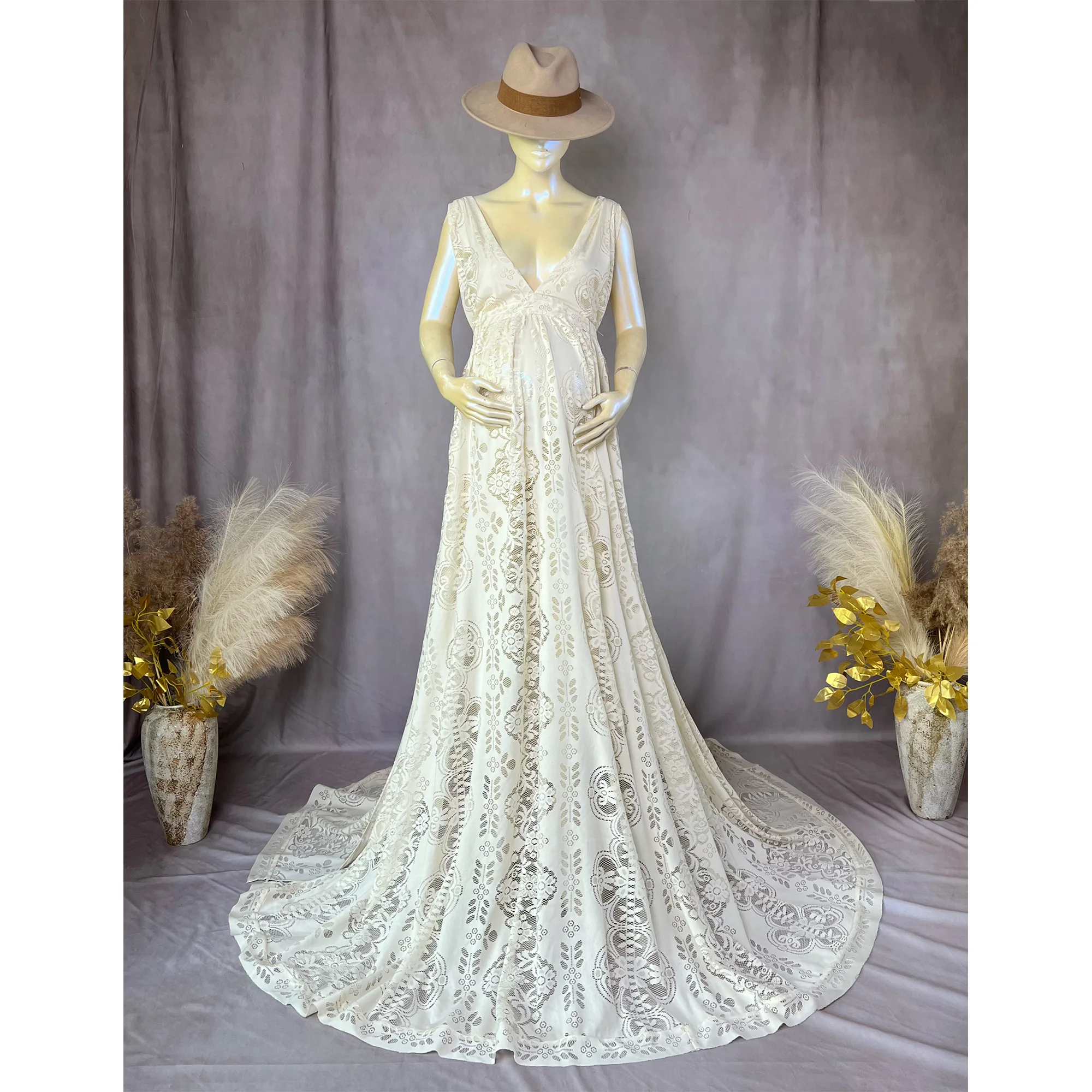 Don&Judy Flower Lace Wedding Dress Vintage Deep V-neck Bohemian Beach Bridal Gown Vestido de novia Maternity Photography Dresses