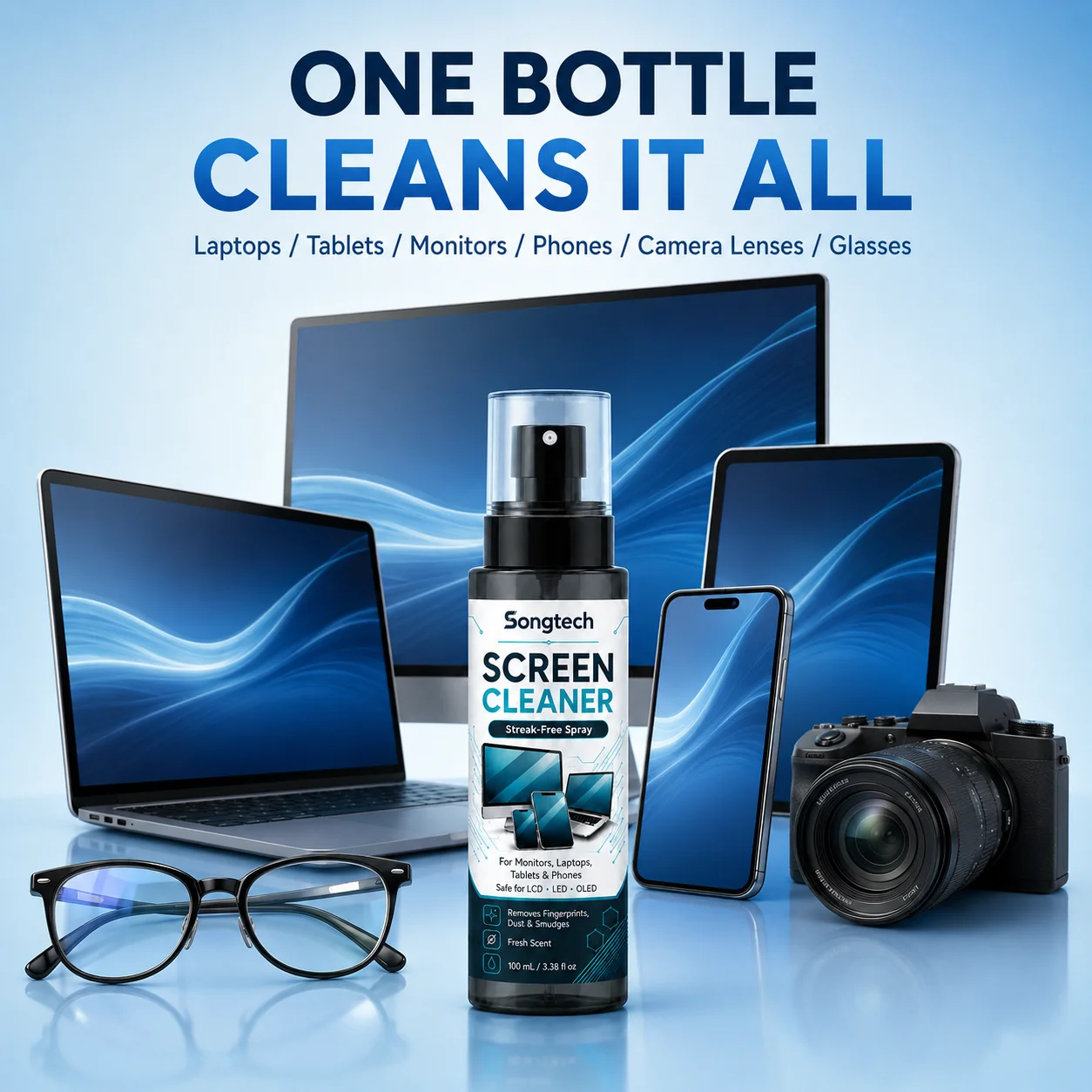 100ML Microfiber Screen Cleaner Spray Streak-Free Electronics Cleaner for Laptop Phone TV Monitor Tablet Camera Lens Keyboard