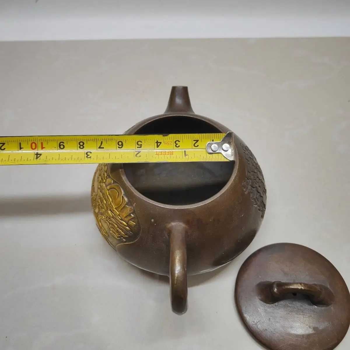 Gilt Brass Teapot & Wine Pot with Mount Lu Landscape Pattern, Antique Copper Ware for Collection