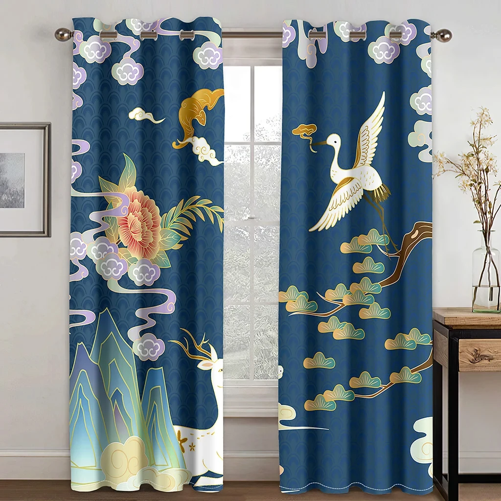 Retro Japanese Style Chinese Crane Wave Mountain Sun Print Thick Curtain Bedroom Living Room Hotel Window Curtain 2 Panels New