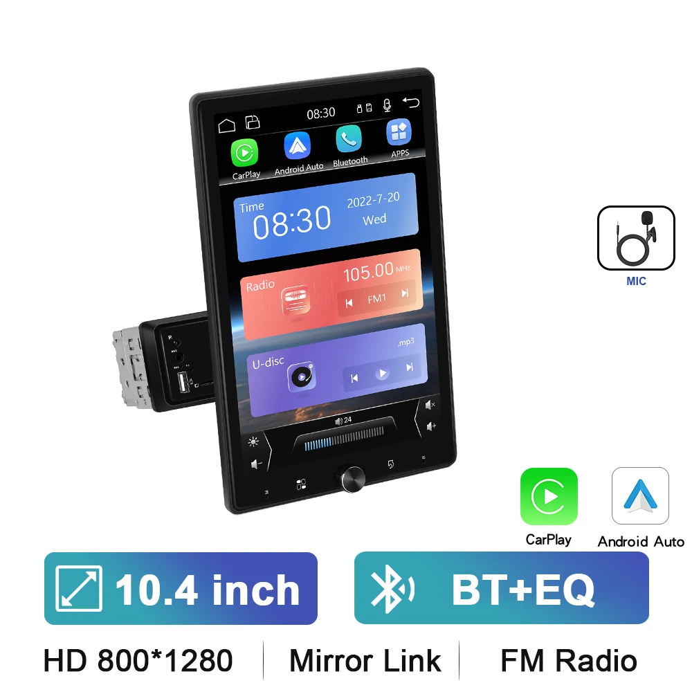 Podofo 10.4 ''HD 1Din MP5 Speler Carplay Android Auto Multimedia Speler Auto Stereo Spiegel Link Bluetooth Auto Audio Bluetooth FM - afbeelding 1